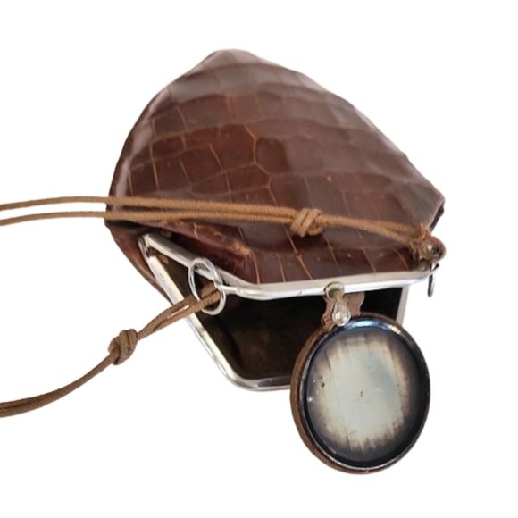 Antique Edwardian 1900s Teens Era Small Brown Real Crocodile Purse Bag Reticule - Picture 5 of 8